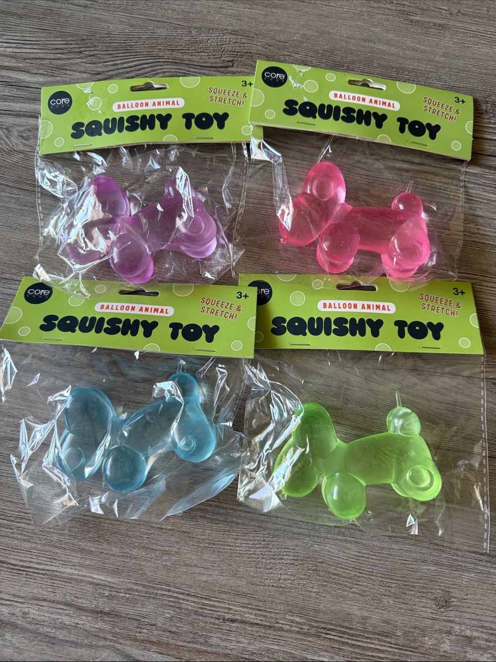 Squishy Toy Balloon Animal - Pink, Purple, Blue, Green set of 4